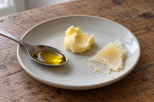 Illustrative oil, butter and balm texture samples on a ceramic plate