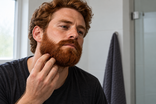 Illustrative beard-care scene in a simple bathroom