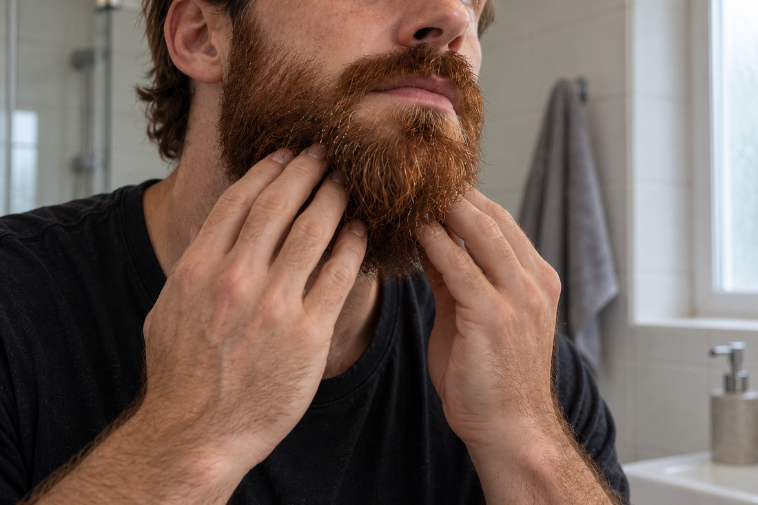Illustrative close-up of beard oil application in soft daylight