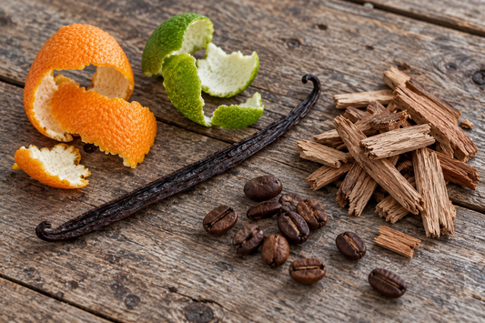 Illustrative citrus peel, vanilla, wood and coffee scent notes on timber