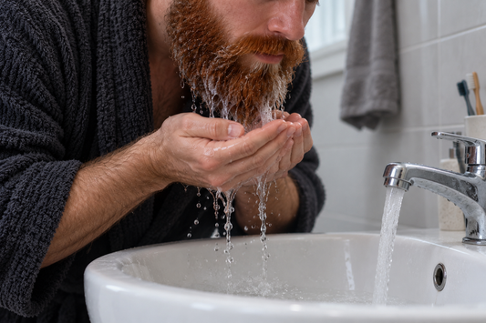 Illustrative beard rinsing at a white ceramic basin