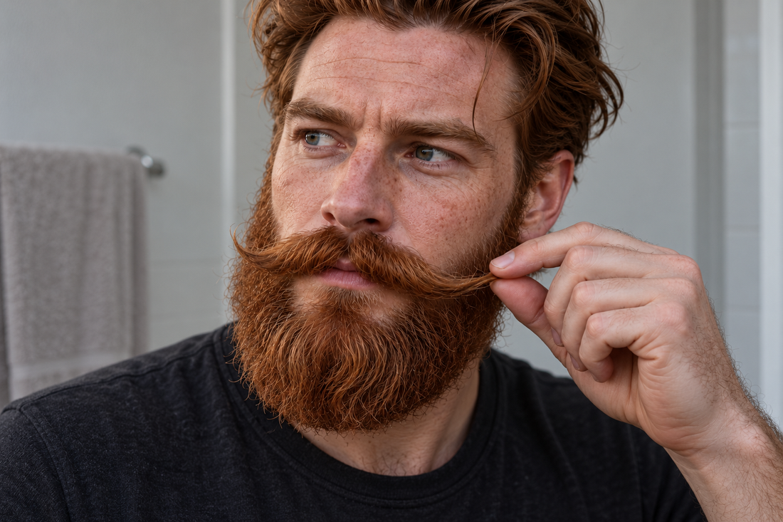 Illustrative close-up of shaping a moustache tip