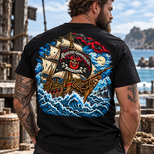 Front view of bearded model wearing black RedBeard Black Flag Pirate Ship T-shirt with small pirate skull chest logo