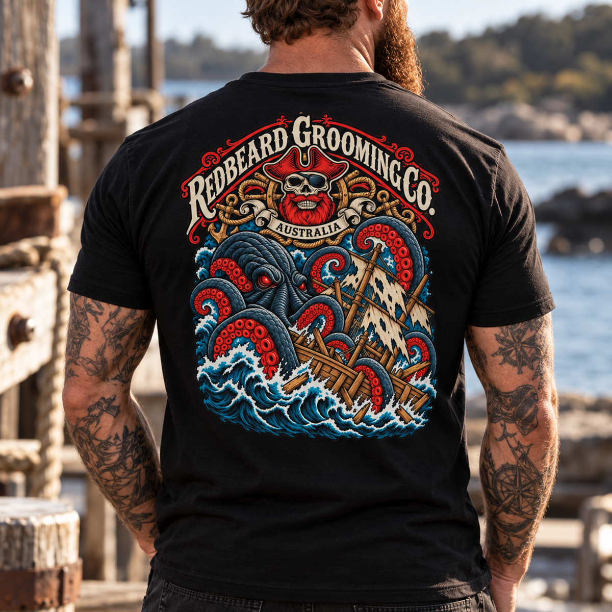 Back view of black RedBeard Kraken Shipwreck T-Shirt on bearded model showing full-colour Kraken and pirate ship artwork