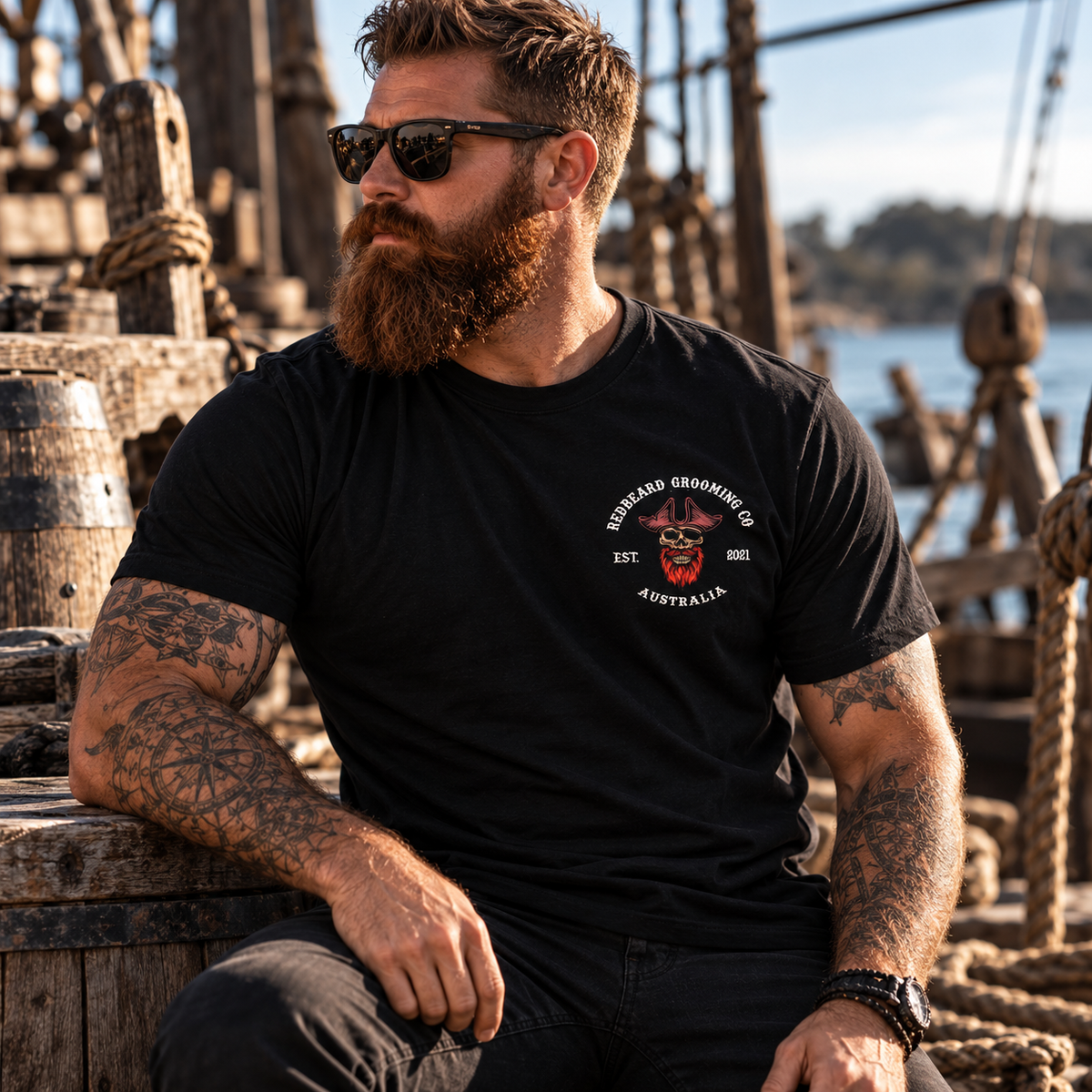 Front view of black RedBeard Kraken Shipwreck T-Shirt on bearded model with small left chest pirate logo