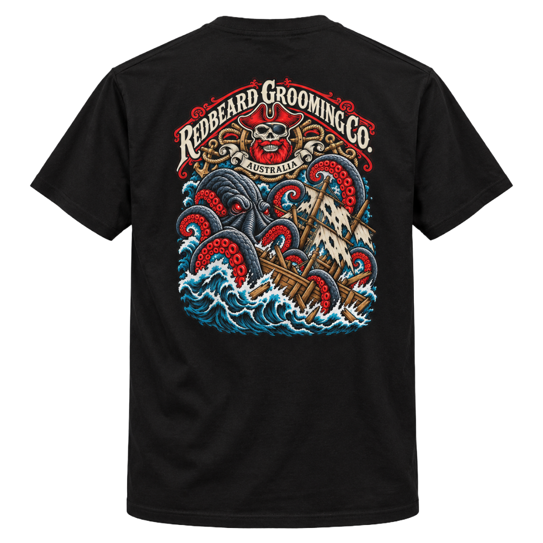 Black RedBeard Kraken Shipwreck T-Shirt front product mockup with small left chest RedBeard logo